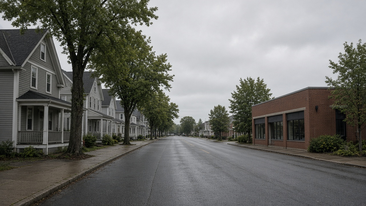Overcast street where houses meet a brick commercial building