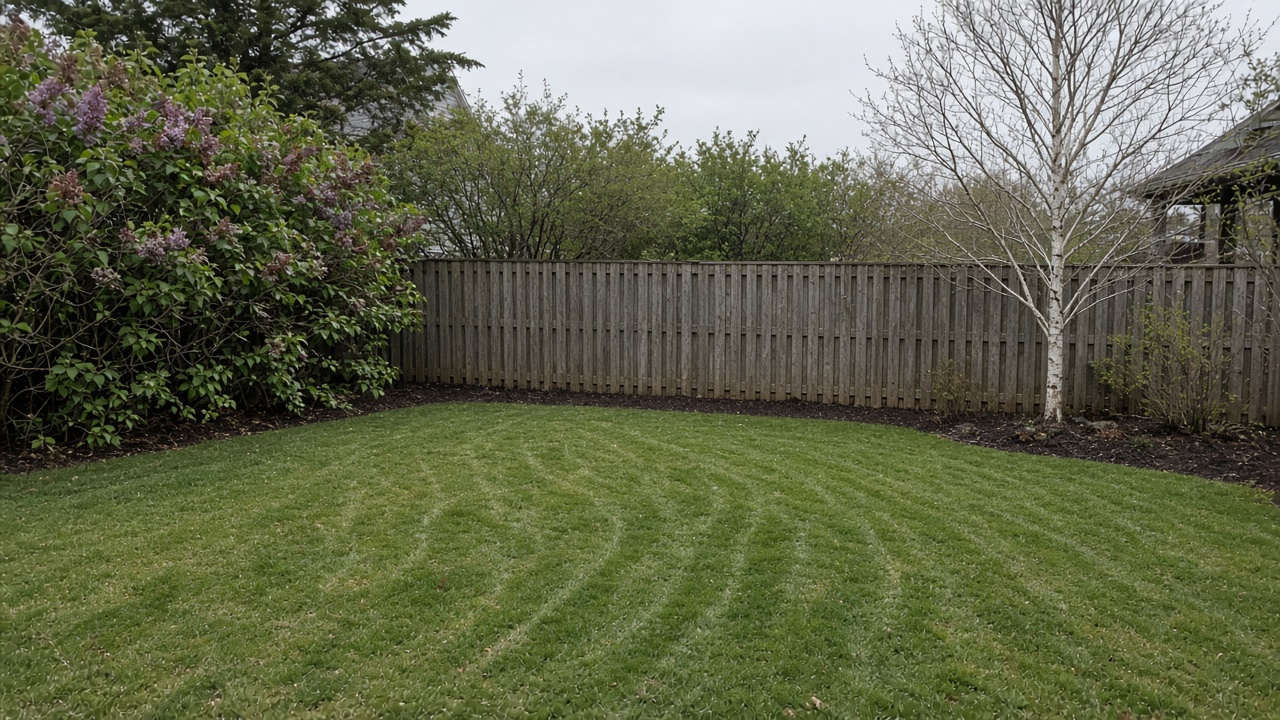 Swept lawn after cleanup, with a fence and shrubs along the edge