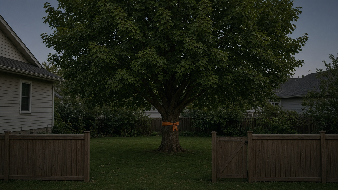 Marked shade tree in a backyard, seen through an open fence gate at dusk