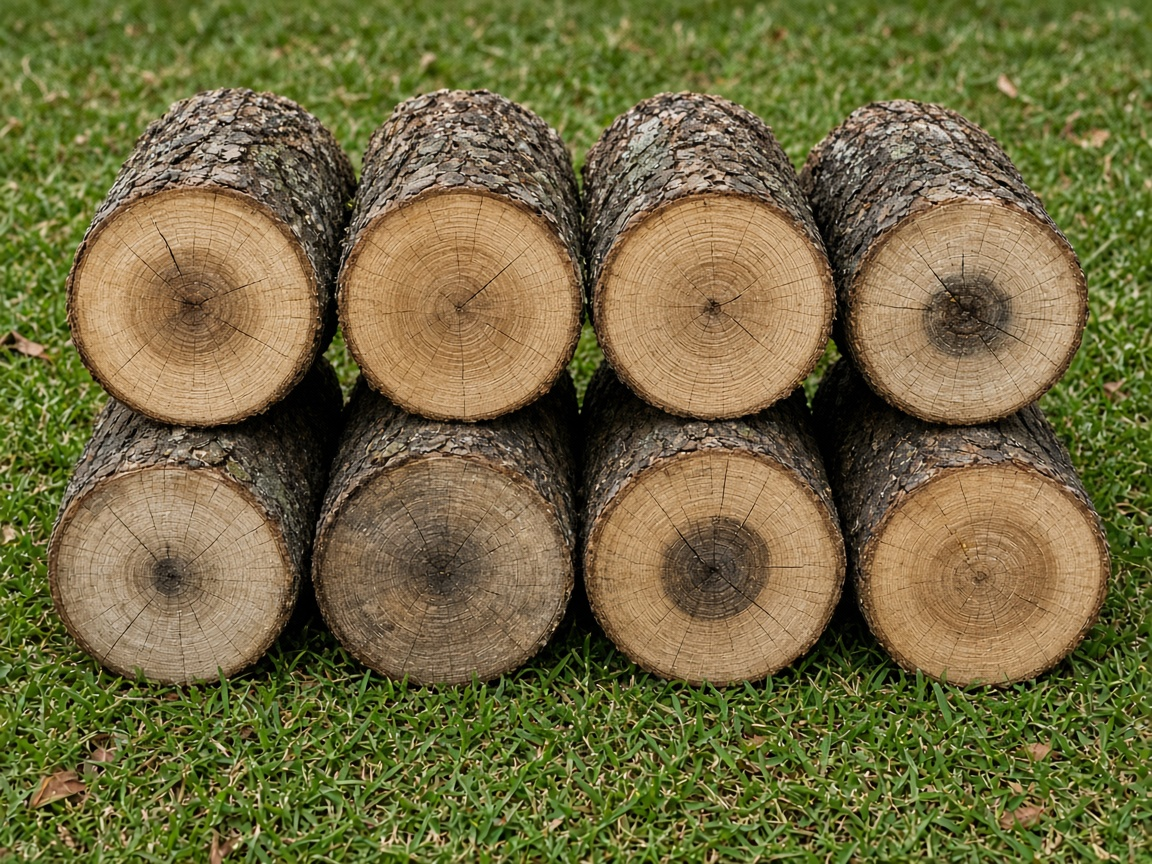 Cut trunk sections stacked in two rows on a lawn