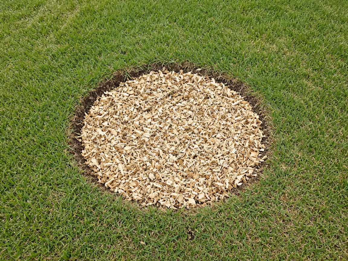 Fresh stump grind filled with wood chips in a lawn