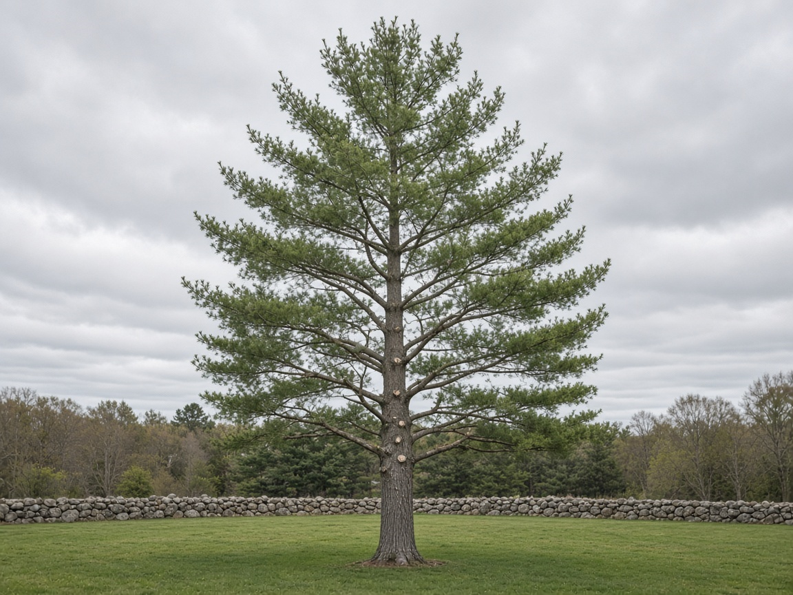 Pruned white pine standing in an open lawn under an overcast sky